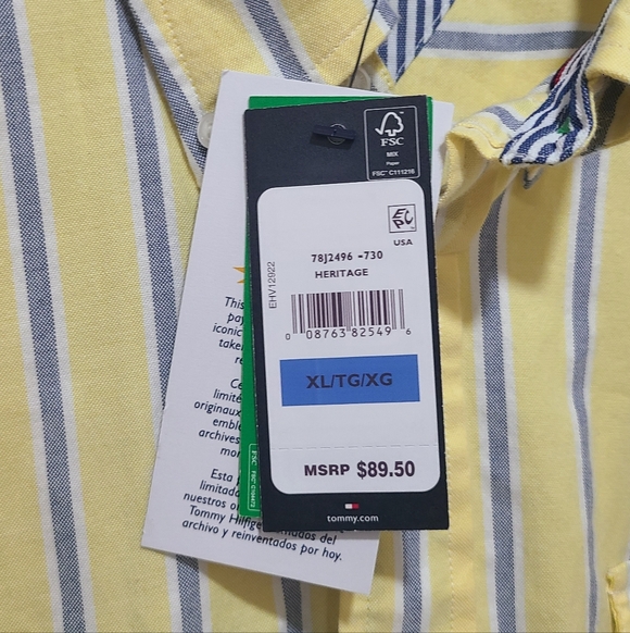 New Tommy Hilfiger Button Down Shirt Mens XL Striped White Yellow Cotton Casual - Picture 4 of 8